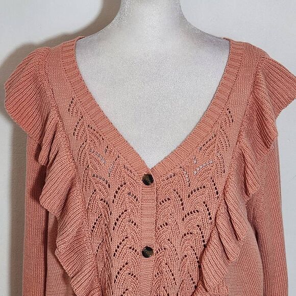 Lauren Conrad Pink Ruffle Pointelle Cardigan NWT Size XL Pink Cardigan - Picture 3 of 11
